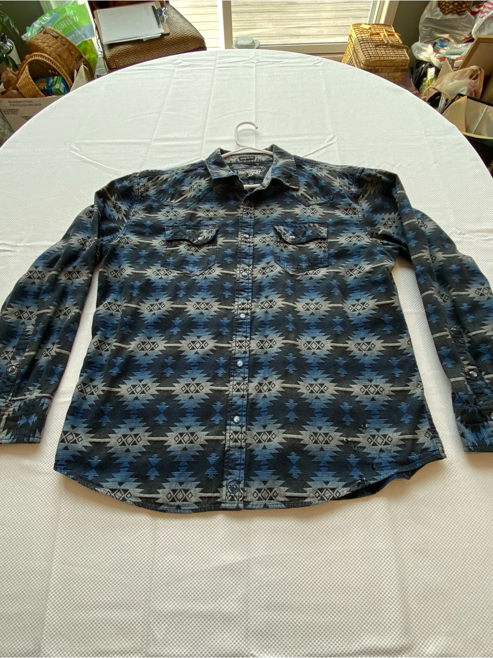 Aztec-Pattern Long Sleeve Button-Down Shirt - Blue by Moonshine Spirit large